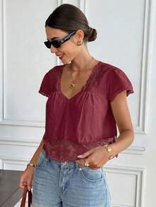 Serisse Women's Casual Solid Color Lace Patchwork Blouse, Summer - Red - View 4