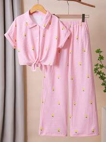 2pcs Girls Striped Textured Fabric Short Sleeve Shirt And Casual Pants Set - Pink - View 1