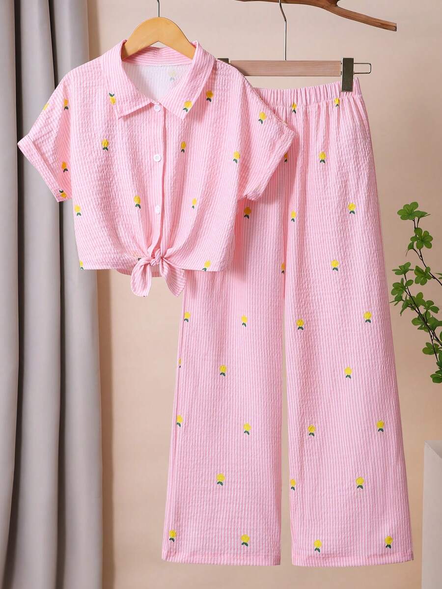 2pcs Girls Striped Textured Fabric Short Sleeve Shirt And Casual Pants Set - Pink - View 1