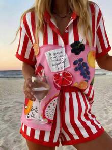 Vaclyn Women's Summer Vacation Striped Fruit Print Button-Front Shirt And Shorts Set - Red - View 1
