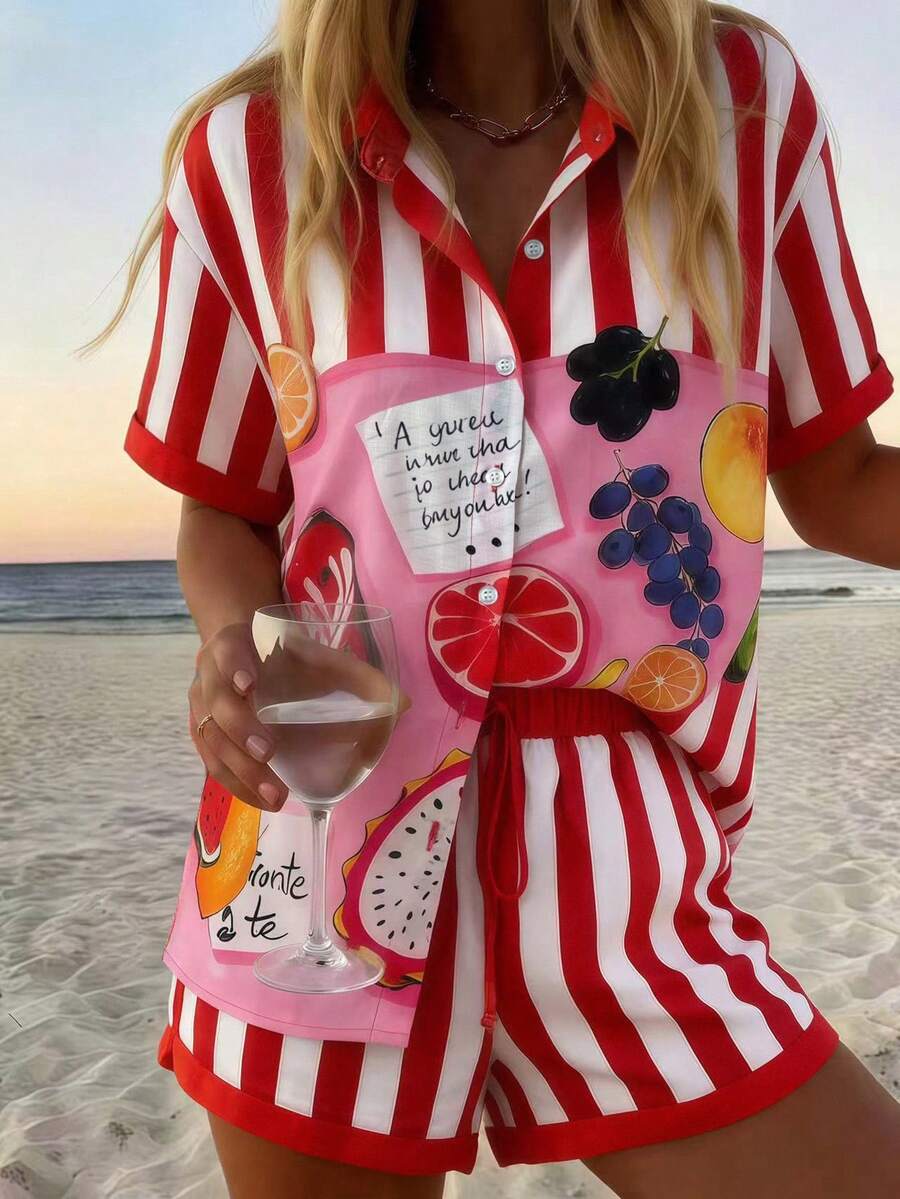 Vaclyn Women's Summer Vacation Striped Fruit Print Button-Front Shirt And Shorts Set - Red - View 1