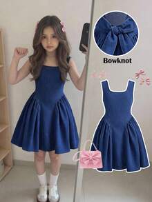 SHEIN New Casual European & American Style Elegant Open Shoulder Striped Tie Strap Bow Decor A-Line Mini Dress, & Graceful For Holiday Blue Striped Dress Girls - Dark Wash - View 1