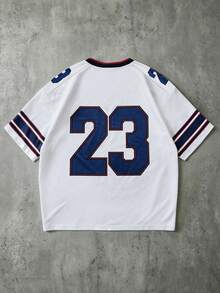Manfinity Roghcode Men's Fashionable Numeric & Striped Print Contrast Color T-Shirt Football - White - View 6