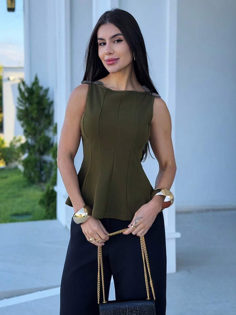 Yohana Edit Women's Elegant Sleeveless Blouse For Commuting, Minimalist Design Summer - Army Green - View 1
