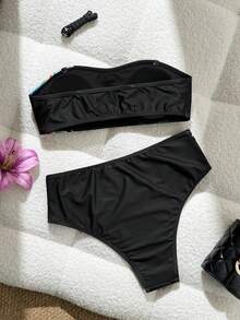 SHEIN Swim 女款印花素色優雅甜美性感平口高衩兩件式泳衣套裝 - 黑色 - 查看 6