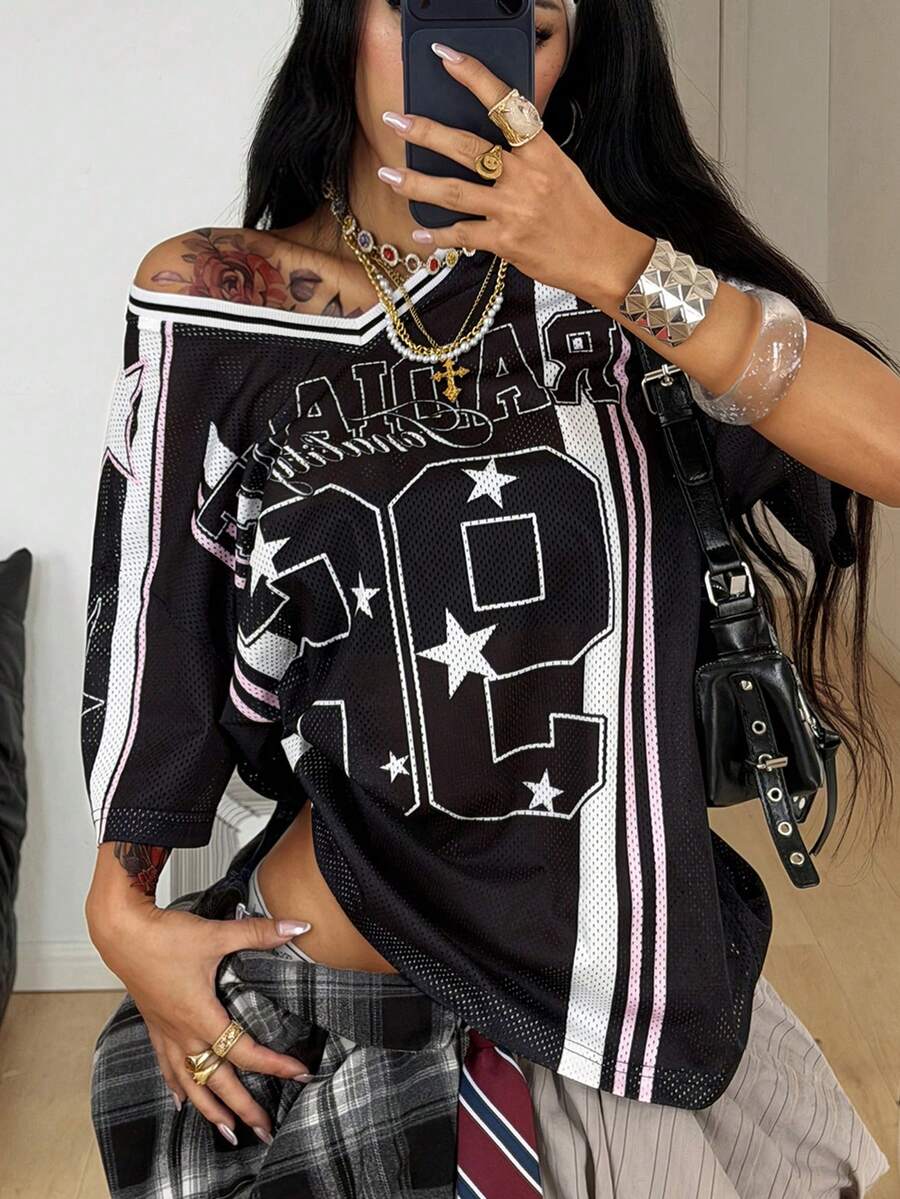 Coolane 女士夏季节日复古街头运动服号码印花超大棒球衫T恤 - 黑色 - 查看 1