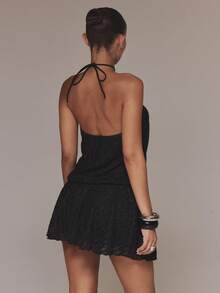 MUSERA 黑色細肩帶掛脖挖空前襟匙孔設計飄逸荷葉邊直筒下擺洋裝，性感可愛春夏外出夜店海灘度假風 - 黑色 - 查看 2