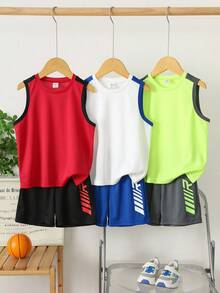 SHEIN 6 Pieces Set Young Boys Casual Sport Outfits,Letter Pattern Round Neck Shirt And Shorts,Summer Back To School Clothes For Parties,Sports & Daily Use - Multicolor - View 6