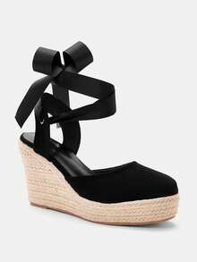 Glitzique Women Minimalist Tie Leg Design Espadrille Strappy Court Wedges, Vacation Outdoor Faux Suede Wedge Shoes - Black - View 4