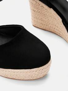 Glitzique Women Minimalist Tie Leg Design Espadrille Strappy Court Wedges, Vacation Outdoor Faux Suede Wedge Shoes - Black - View 7