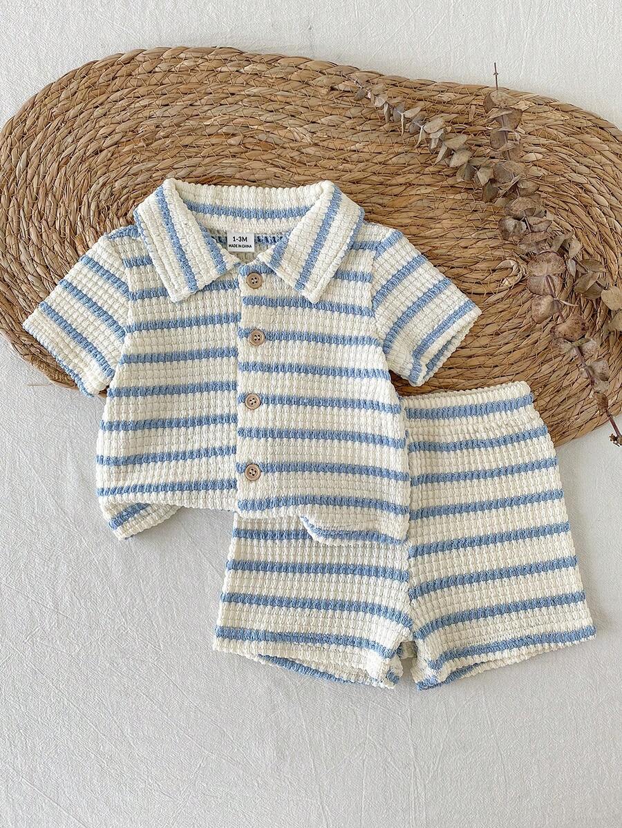 SHEIN Vintaside Kids 2件組新生兒休閒日常針織提花領口短袖上衣與彈性腰圍短褲套裝，適合戶外或舒適夏季百搭穿搭