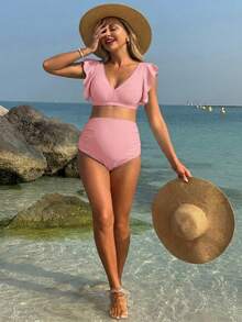 Swim Vcay Maternity Casual Solid Color Bikini Set - Pink - View 3