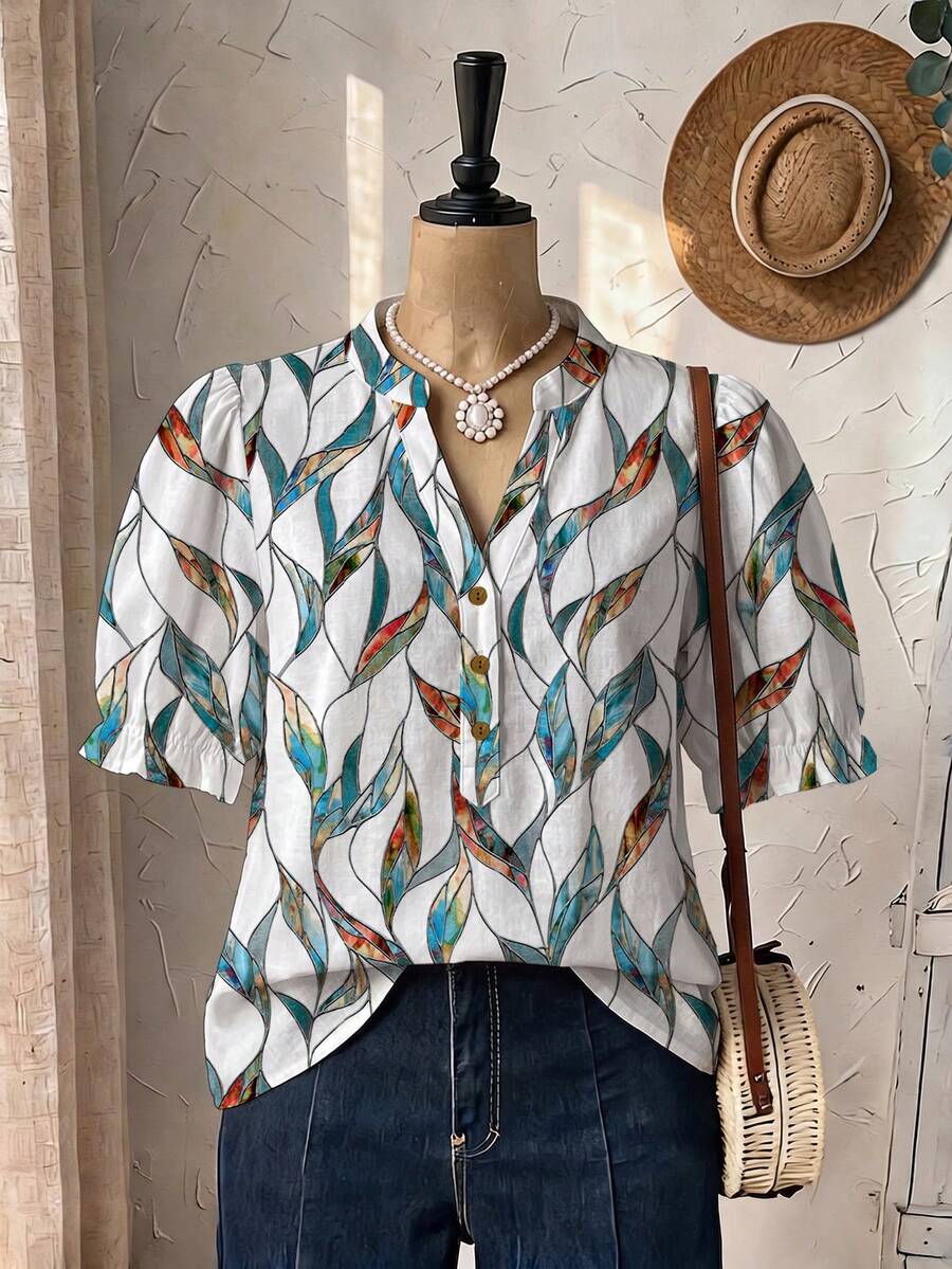 EMERY ROSE Plus Size Women Vacation All-Over Print Short Sleeve Button-Up Shirt Summer Top Summer Outfit For Women - Multicolor - View 1