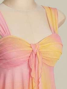 SHEIN ICON Women's Asymmetrical Ombre Mesh Ruffle Hem Camisole - Pink - View 8