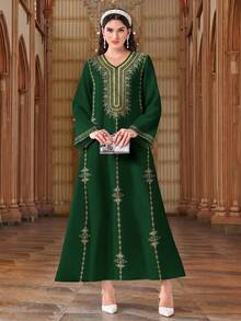 Al Najma 女款度假波希米亞風V領長袖刺繡阿拉伯洋裝 - 彩色 - 查看 3