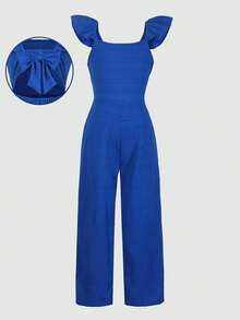 SHEIN Sparklyn Mono sin mangas para niñas, diseño de espalda hueca, gran lazo decorativo, manga corta, adecuado para uso casual en primavera y verano - Azul - Ver 7