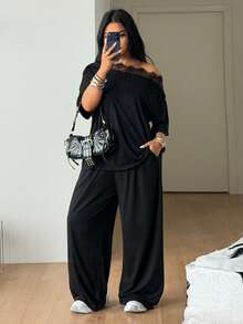 Coolane Bộ đồ 2 món nữ size lớn, áo thun trễ vai và quần nỉ ống rộng, phong cách tối giản streetwear, mặc hàng ngày, đi chơi, thể thao, thoải mái, xuân/hè - màu đen - Xem 2