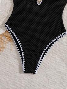 Bonvoyette Spring Summer Elegant Sexy Solid Color Fabric V-Neck Pearl Shell Pendant Decor Contrast Color Ruffle Halter One-Piece Swimsuit Beach Black - Black - View 4