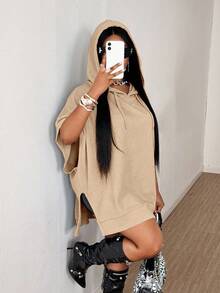 Maweii Plus Size Women's Solid Color Batwing Sleeve Drawstring Hooded Loose Sweatshirt - Khaki - View 5