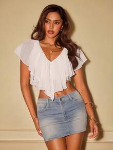 SHEIN ICON 女款素色荷葉邊飾綁帶前襟時尚襯衫 - 白色 - 查看 11