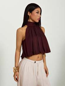 SHEIN PETITE Women's Fashionable Sexy Cropped Ruched Halter Top, Suitable For Dates And Music Festivals,Summer Top - Coffee Brown - View 5