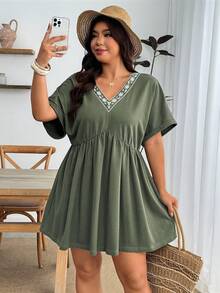 Enliva Plus Size Women's V-Neck Embroidered Casual Washed Short Sleeve Dress, Suitable For Daily, Commuting, And Vacation Wear - Multicolor - View 3