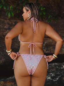 SHEIN BAE Summer Beach Vacation Style Sequined Fishnet Bikini Set With Triangle Cup - Pink - View 2