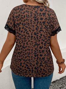 EMERY ROSE Women's Spring/Summer New Arrival Leopard Print Lace Patchwork Casual Versatile Plus Size T-Shirt - Multicolor - View 2