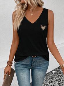EMERY ROSE Women's Leopard Print Heart Graphic V-Neck Casual Sleeveless Tank Top, New Arrival Spring/Summer - Black - View 4