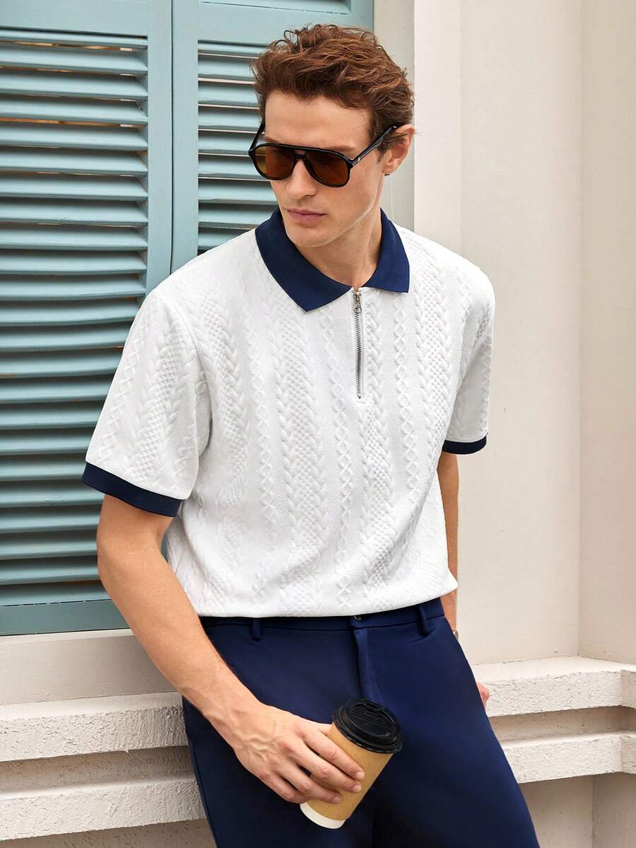 Officeau Men's Summer Jacquard Textured Contrast Collar Half-Zip Polo Shirt, Suitable For Daily Commute, Travel, Vacation And Outdoor Occasions, Casual Minimalist Style, Urban Mature Style, British Gentleman Style - White - View 1