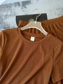 SHEIN 2件套少女针织纯色圆领修身休闲T恤和打底裤套装 - 咖啡棕 - 查看 4