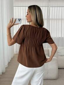 SHEIN PETITE CURVE 大码纯棉休闲通勤短袖衬衫，夏季时尚女式衬衫，优雅女式上衣，外出上衣，棕色纯棉衬衫，咖啡棕色上衣，休闲上衣 - 巧克力棕 - 查看 2