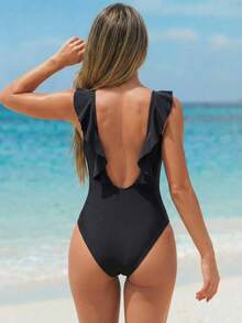 Swim DD+ 1件纯色荷叶边优雅DD连体泳衣，夏季 - 彩色 - 查看 2