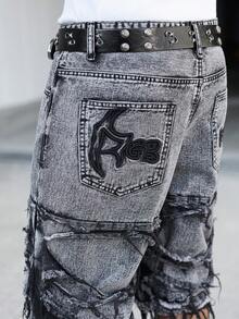 Manfinity EMRG Men's Casual Distressed Frayed Embroidered Grey Denim Shorts, Holiday - Dark Grey - View 8