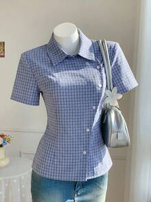 Comfortcana 女款短袖單排扣休閒優雅學院風 70年代復古海軍藍格紋襯衫 開學季夏季早午餐日常校園穿搭 - 藍色 - 查看 5