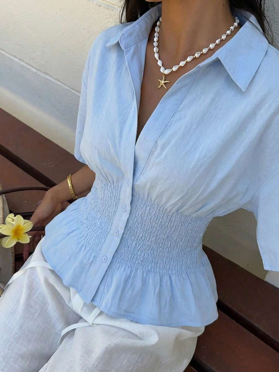 SHEIN EZwear Women's Light Blue Ruffle Button Down Shirt With Ruffle Hem,Summer Top - Baby Blue - View 1