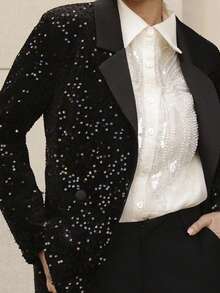 Elenary Edit Stylish Design Loose Sequin Fabric Patchwork Blazer Jacket  Fall Cloth For Women Vacation Black - Black - View 6