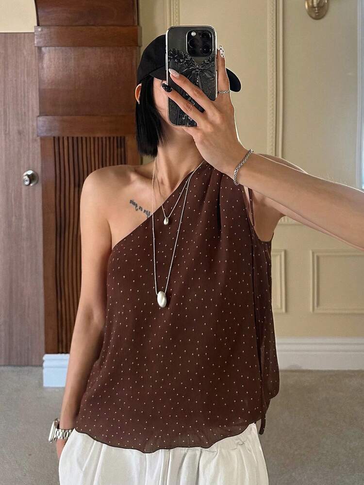 Women's Polka Dot Asymmetrical Shoulder Drawstring Tie Casual Vacation Summer Camisole Top