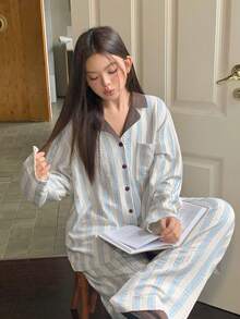 Dazy Plus 大码女式条纹撞色领拼接宽松上衣长裤休闲睡衣套装，春夏秋季 - 藍色 - 查看 7