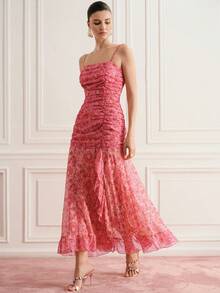 BELROSIE Summer Pink And Orange Floral Elegant Romantic Party Vacation Maxi Dress Sleeveless Chiffon Off-Shoulder Dual-Color Contrast Daisy Print High-Waist - Multicolor - View 1