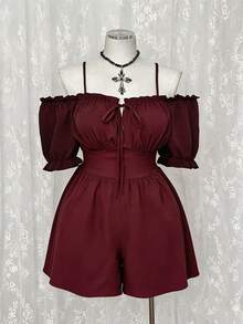 Sunspun Plus Size Summer Casual Solid Color Off-Shoulder Spaghetti Strap Romper - Burgundy - View 3