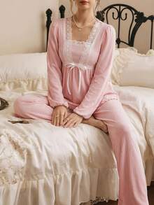 Côtesoire 南法優雅成熟風拼色蕾絲女款睡衣套裝 - 藕粉色 - 查看 6