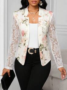 SHEIN Lady Women's Elegant Commuter Floral Print Contrast Lace Thin Jacket - Multicolor - View 4