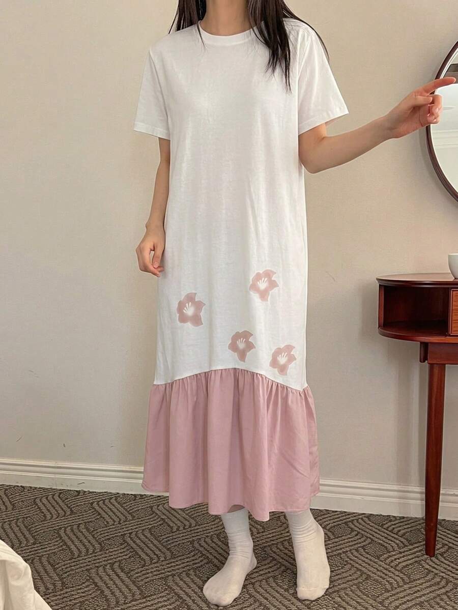 DAZY 女款寬鬆花卉印花拼色長款睡裙，夏季居家睡衣連身裙 - 白色 - 查看 1