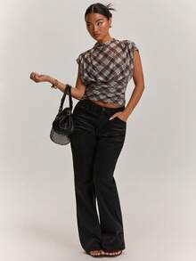 SHEIN BAE Women's Casual Holiday & Commute Daily Plaid Mesh Knit See-Through Blouse - Brown - View 3