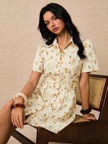 Poéselle Summer Short Sleeve A-Line Waist Cinched Floral Print Mini Dress For Women - Apricot - View 4