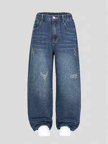 Casual Baggy Distressed Denim Jeans For Teenage Boys, Elastic Waist Comfortable Versatile Loose Fit Straight Leg Jeans, Suitable For School, Outdoor - Blue - View 3