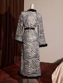 Slumberist Zebra Print Robe, Sexy Mesh Lingerie For Women, New Mesh Sheer Faux Fur Trim Long Robe, Minimalist Sexy Sleepwear Set - Black - View 8
