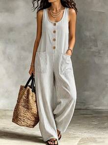 SHEIN Bộ jumpsuit nữ dáng ôm, cổ tròn, không tay, kẻ sọc, thanh lịch, thích hợp cho mùa xuân/hè, bộ jumpsuit kẻ sọc thời trang nghỉ dưỡng, trang phục mùa xuân/hè, quần kẻ sọc xám trắng cho dã ngoại, bộ jumpsuit mùa hè phong cách bohemian nghỉ dưỡng dành cho nữ, quần hè thường ngày, trang phục nữ mùa xuân/hè. - Xám - Xem 5