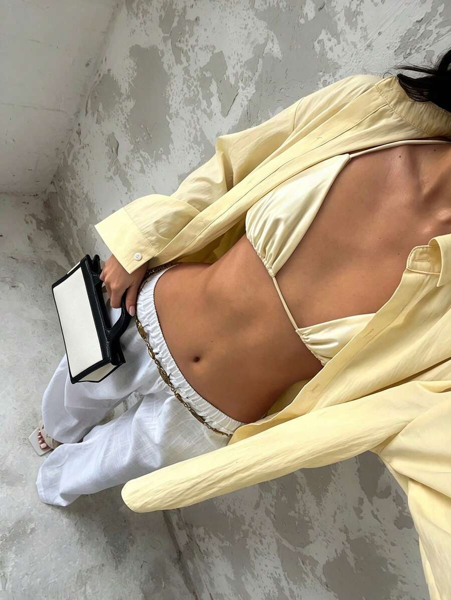 Glamine 女式简约休闲宽松长袖纽扣衬衫(浅黄色) - 黃色 - 查看 1